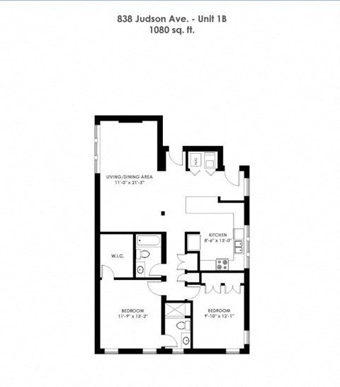 Floor plan for 2 beds, 2 baths, 1091 sqft